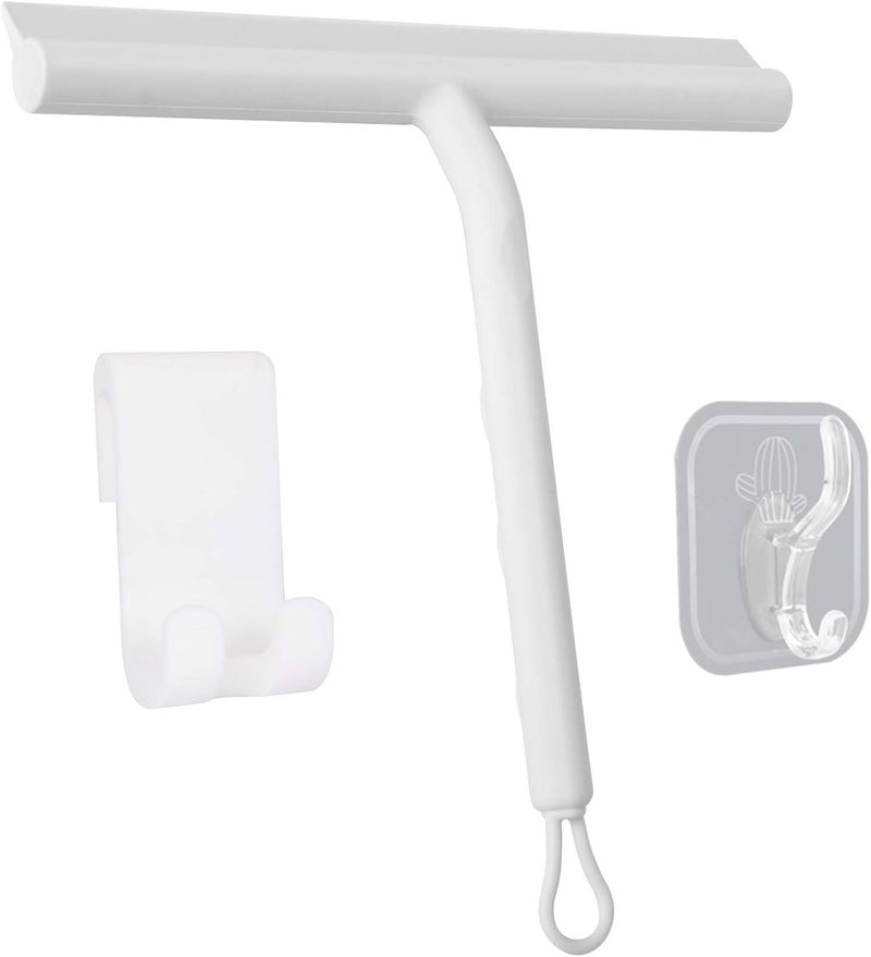 DEOFUXT Squeegee for Shower Glass Doors, Resilient Loop - No-Drill & Adhesive Hook, Silicone Shower Squeegee with Stainless Steel Core, Cleaning Tool for Home, Kitchen, Bathroom & Car - White - Image 1